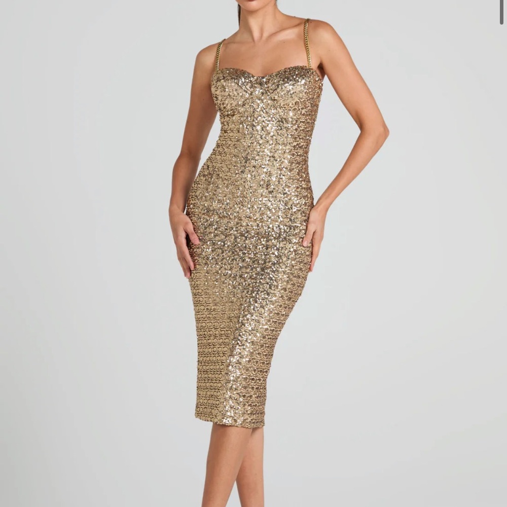 NADINE MERABI Gold Sequin Dress with Adjustable Chain Straps